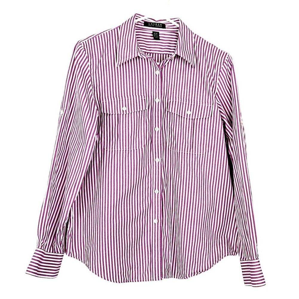 Lauren Ralph Lauren White and Pink Striped Button-Up Blouse